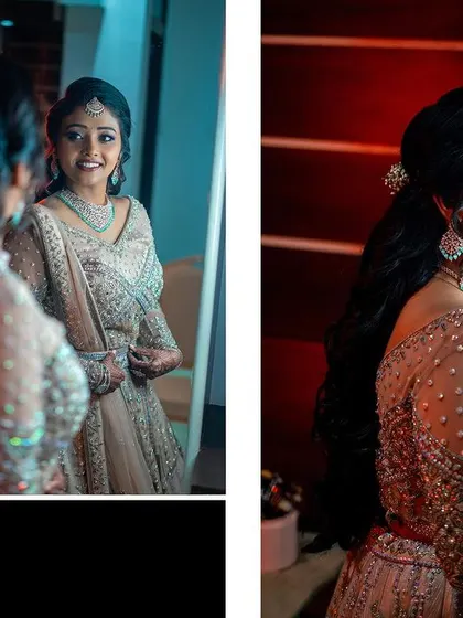 A collage of the bride looking at her reflection, capturing both her smile and her elegant side profile.