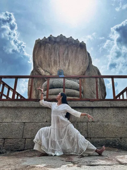 My practice is deeply connected to my spiritual roots. Here at the historic Lepakshi temple, I feel the powerful link between yoga, dance, and ancient traditions, an energy I bring into my teaching.
