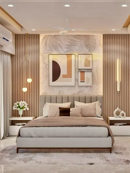 A luxurious bedroom render with a textured wood-panel accent wall, modern pendant lights, and a sophisticated neutral color scheme.