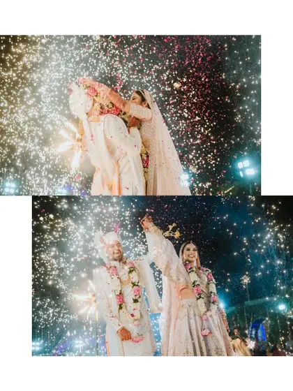 A collage of the couple celebrating with cold pyro fireworks during their Varmala ceremony.