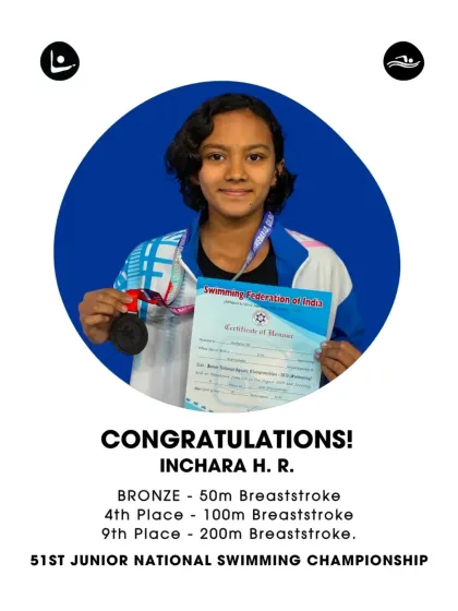 Inchara H. R.'s official congratulations graphic, highlighting her bronze medal in the 50m Breaststroke at the Junior Nationals.