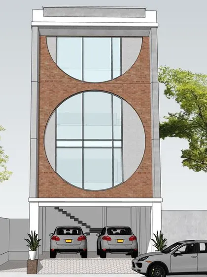 A frontal view of the proposed elevation with distinctive circular windows. This 3D model clearly illustrates the building's symmetrical design and the visual impact of the oversized windows on the structure's street-facing facade.