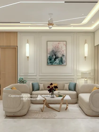 This living room design uses classic wall paneling and soft, curved furniture to create a comfortable and sophisticated space. The abstract wall art adds a pop of color and personality.