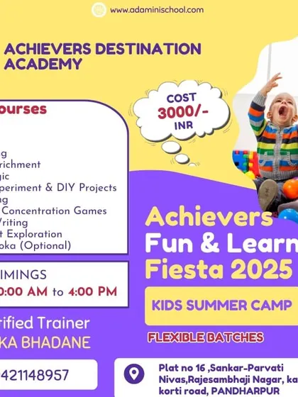 This flyer for our summer camp in Sambhajiraje Nagar, Pandharpur, offers flexible batches for kids aged 4 to 9. It lists a comprehensive set of courses, including an optional Sanskrit Sloka class.
