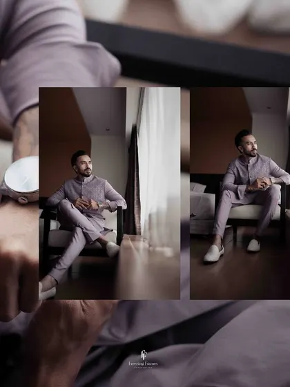 A collage showing the groom getting ready, focusing on details like his watch and his calm, composed demeanor.