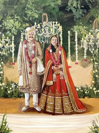 An elegant evening wedding portrait. The chandeliers and lush greenery of the mandap are rendered in detail to preserve the romantic ambiance of the couple's special night.