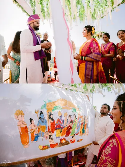 The Antarpat ceremony, showing the beautifully painted cloth that separates the couple.