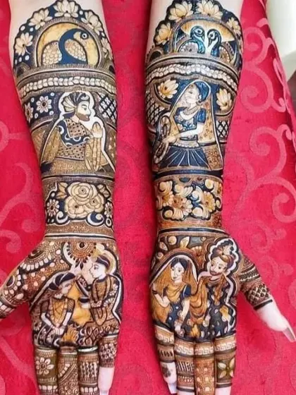 This vibrant design shows multiple scenes from a love story, with different couple poses on the palms and forearms, framed by floral and peacock art.