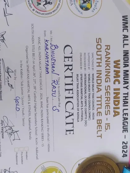 The official certificate confirming our fighter's gold medal win at the WMC India Ranking Series, a proud achievement for our team.