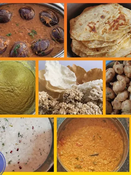 A complete lunch packed in traditional tiffin carriers for an office meeting. The meal included Chapati, Ennegayi, Hirekayi Chutney, Bisibelebath, Bonda, and more.