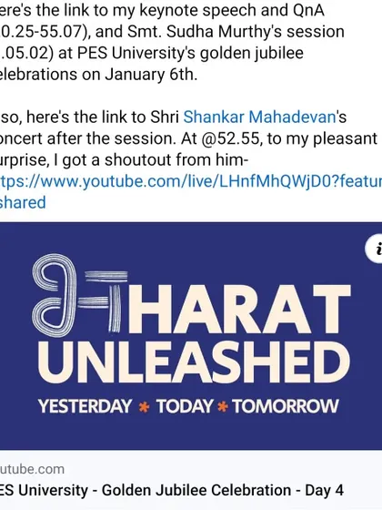 The link to my keynote speech at PES University's golden jubilee celebrations. The event, "Bharat Unleashed," was a fantastic platform to interact with thousands of bright students.