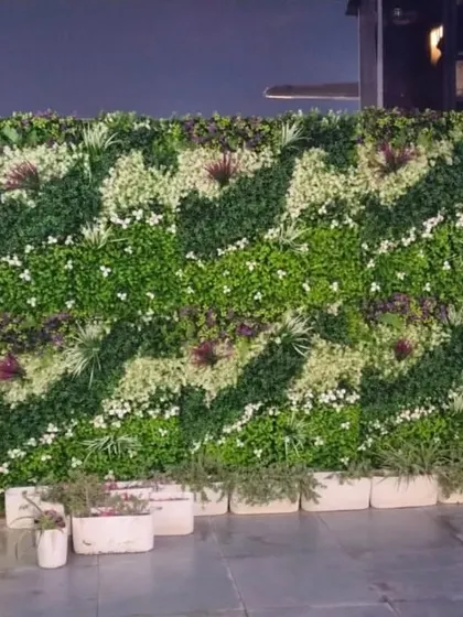 This large, custom patterned artificial vertical garden was installed at the famous Hawai Adda in Murthal. The design adds a dynamic and natural element to the restaurant's exterior.