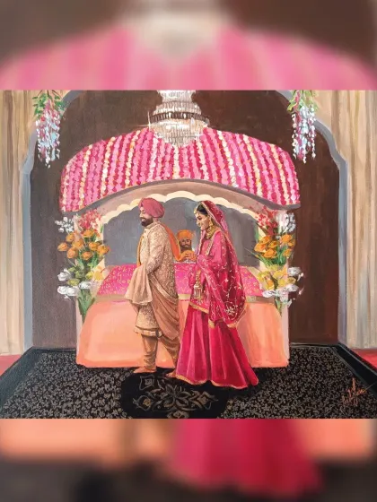 A serene moment from a Sikh wedding ceremony painted live in Ludhiana. The focus is on the couple's reverence and the beautiful, flower-adorned Palki Sahib.