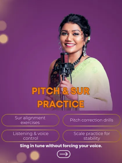 Hitting the right notes consistently is a science. This graphic details our focus on 'sur' alignment exercises and pitch correction drills, which are essential for singing in tune without forcing your voice.