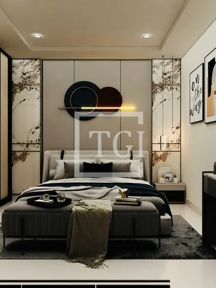 This master bedroom concept is the epitome of modern luxury. The design includes a statement headboard with integrated lighting, sleek side tables, a comfortable ottoman, and a chic vanity area.