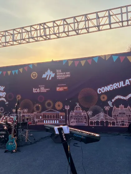 The calm before the storm. Our instruments set up on the TCS World 10K stage, ready for the show to begin as the sun sets.