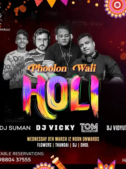 Poster for a "Phoolon Wali Holi" event, which is a unique celebration with flowers instead of colors. My role includes coordinating with other DJs and Dhol players.