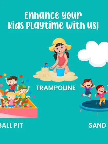 This graphic highlights some of our most popular attractions: the ball pit, the sand pit, and the trampoline. There's something for every child to enjoy.