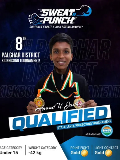 Anand U. Jadhav dominated the Under 15 category, winning gold in both his events. His performance highlights the effectiveness of our competitive kickboxing coaching.