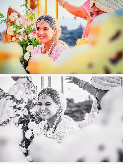 A collage of the bride's infectious smile during her Goa beach wedding, captured in both color and black and white.
