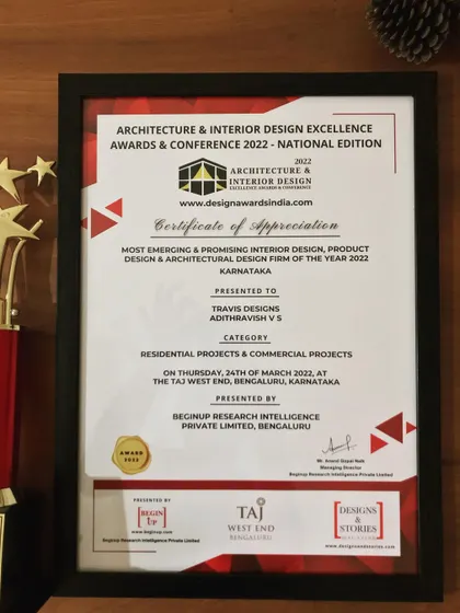 I was honored to be recognized as the 'Most Emerging & Promising Interior Design, Product Design & Architectural Design Firm of the Year 2022'. This award is a testament to my commitment to design excellence and the trust my clients place in me.