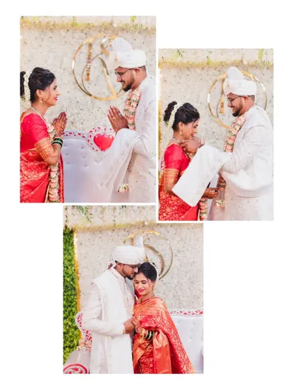 A collage of post-wedding rituals, showing the couple seeking blessings and sharing quiet moments together.