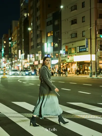 A motion shot on a Tokyo crosswalk at night. We used the existing city lights as our only source. The challenge is to find clean, usable light that doesn't create weird color casts, and this street delivered.