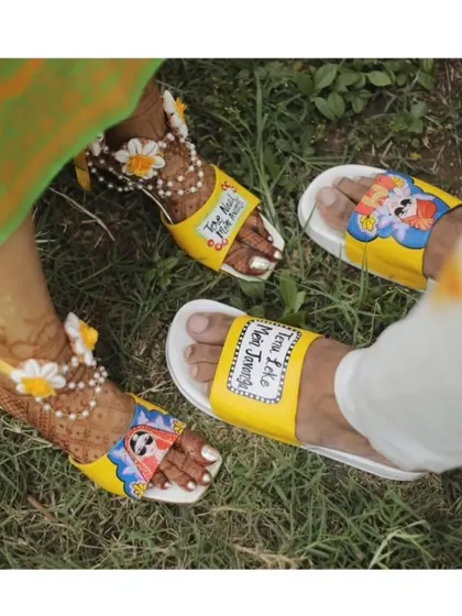 Even the feet can tell a story. This fun design for the bride and groom's footwear shows how we can extend the theme to every part of your wedding.
