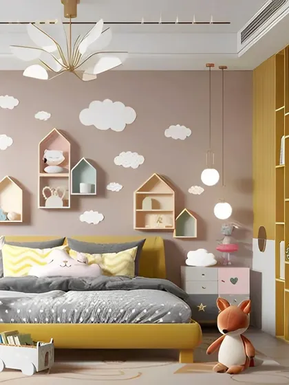 A dreamy kids' room with a yellow bed and cloud-themed wall decor. The house-shaped shelves are perfect for displaying favorite toys and treasures.