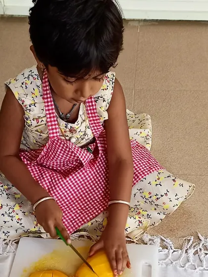 A collage of moments from our mango-themed cooking sessions, where children learned to peel, slice, and prepare delicious mango treats like milkshakes and cheesecake.