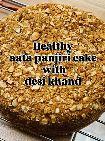 I created this Aata Panjiri cake as a healthy twist on a traditional flavour. It's made with wholewheat flour and desi khand, and topped with a crumbly, nutty panjiri mix.