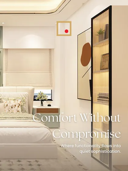 Comfort without compromise. This bedroom features a fluted glass display cabinet and soft, ambient lighting, creating a space of quiet sophistication.