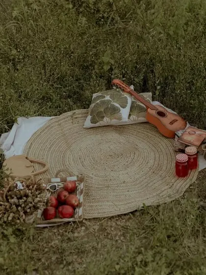 A wide shot of the beautiful picnic setup in the middle of a vast green field.