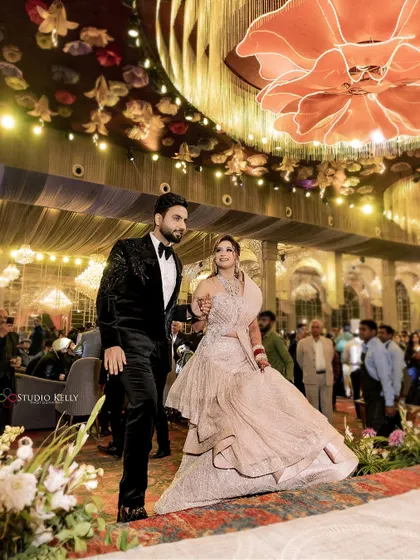 A collage of the couple's reception, showing their grand entry and dance performances.
