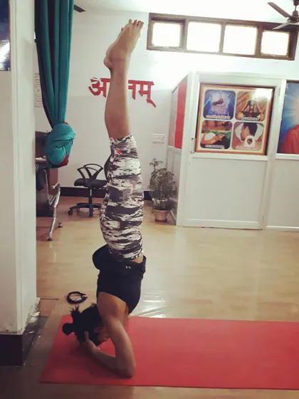A student practices Pincha Mayurasana (Feathered Peacock Pose), an advanced inversion. Our training provides the skills and guidance to safely explore challenging asanas.