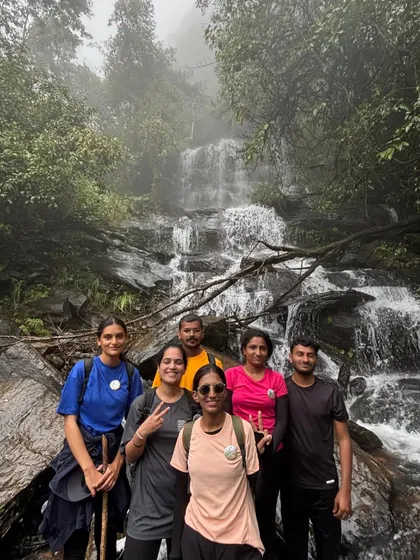More happy faces at the waterfall. Taking a dip or just enjoying the cool spray is a highlight for many on this Western Ghats adventure.