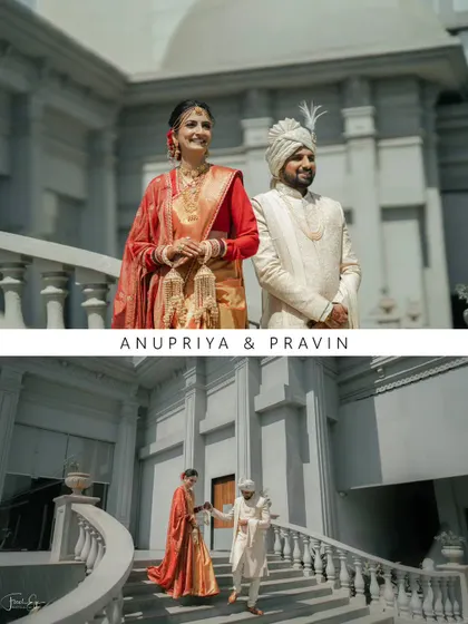 A split-image of Anupriya and Pravin, combining a formal portrait with a dynamic shot of them descending a grand staircase.