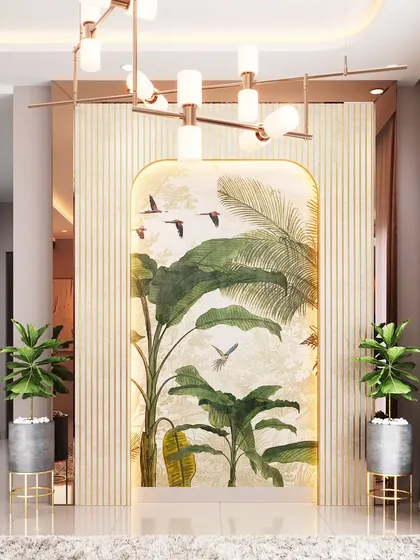 The first step into your home should be breathtaking. We designed this foyer with a custom, nature-inspired arched mural and fluted wall panels, complemented by a modern chandelier, to create a warm and unforgettable welcome.