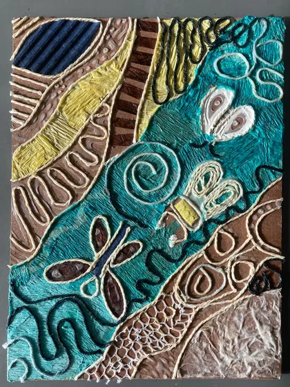 A beautiful abstract collagraph plate made with layers of string and fabric. The flowing lines and contrasting textures will create a dynamic and expressive intaglio print once it's run through the press.