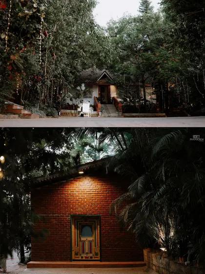 A collage of the rustic and charming wedding venue, showing its exterior in day and night.