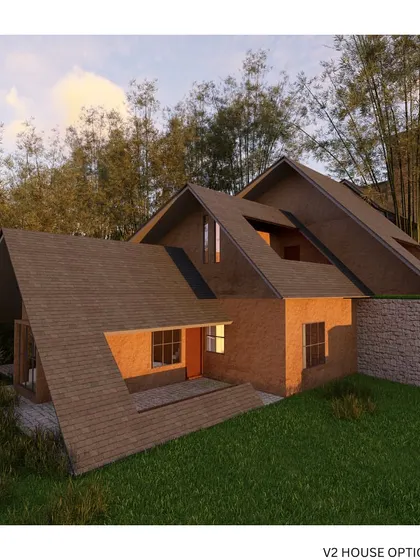 An alternative design for the V2 House, featuring a more angular and expressive roofline. Both options for this hillside project focus on opening up to the views of the Katteri falls and the surrounding tea plantations.