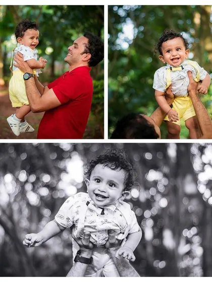 A collage celebrating a father's bond with his son, with shots of them playing together in both color and black and white.