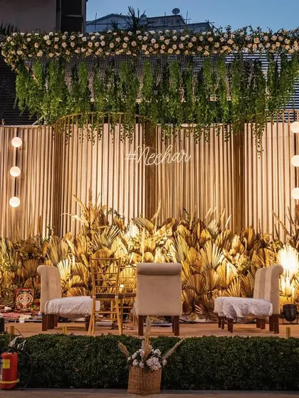 The complete mandap setup with guest seating, showing how modern boho elements can be blended with traditional rituals for a unique wedding.