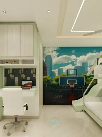 A full view of the kids' room with the bunk bed and slide, showcasing the integrated study area and ample storage.