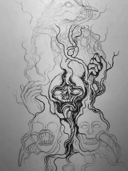 A very early, loose sketch for a piece about a raven and skulls, showing how the idea starts as a chaotic collection of forms.