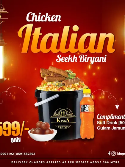 A fusion of flavors you will love. Our Chicken Italian Seekh Biryani bucket is a unique dish that's a hit at parties. Get this 3kg bucket with complimentary sides for just ₹599.