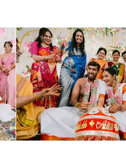 A collage capturing the fun and games that are an integral part of a joyous Telugu wedding.