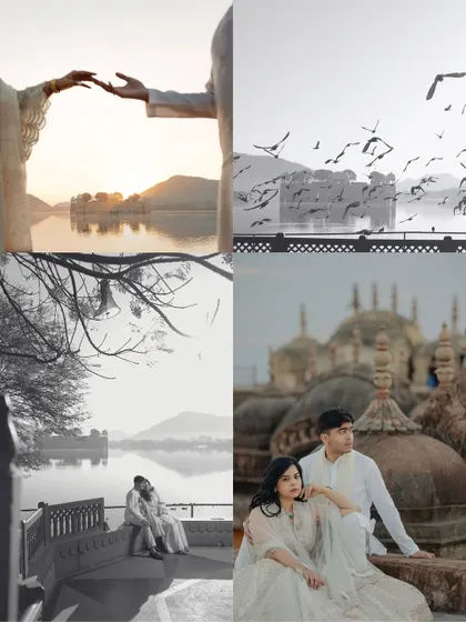 A collage from Vedika and Yuvraj's pre-wedding shoot in Jaipur. This shows our approach to telling a story within a single frame, capturing different facets of their connection against the romantic backdrop of the Pink City.