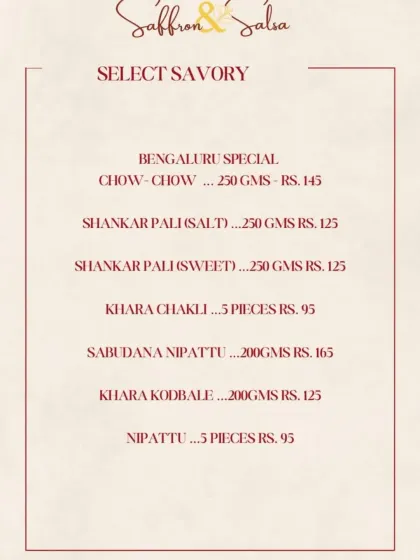 To complement the sweets, I offer a range of classic Bengaluru savories. This menu features traditional snacks like Khara Chakli, Kodubale, and Nipattu, all made fresh to provide that perfect crunchy, spicy balance for your festival spread.