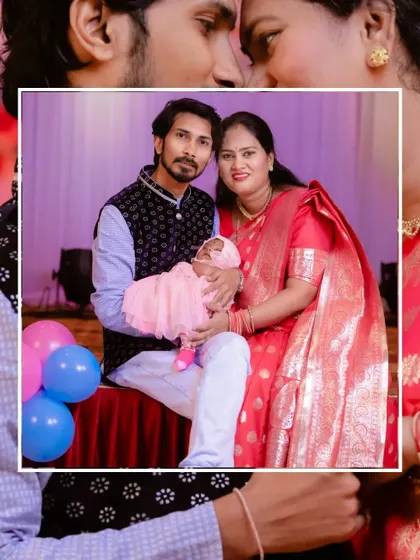 A creative collage edit of a family portrait from a naming ceremony, focusing on the new parents and their baby.